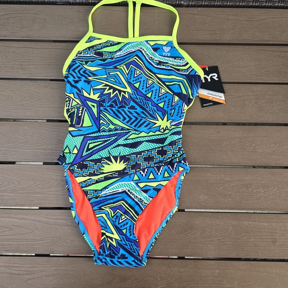 TYR Durafast One Women's Blue/green Whaam Valleyfit One-Piece Swim Sz 34 New